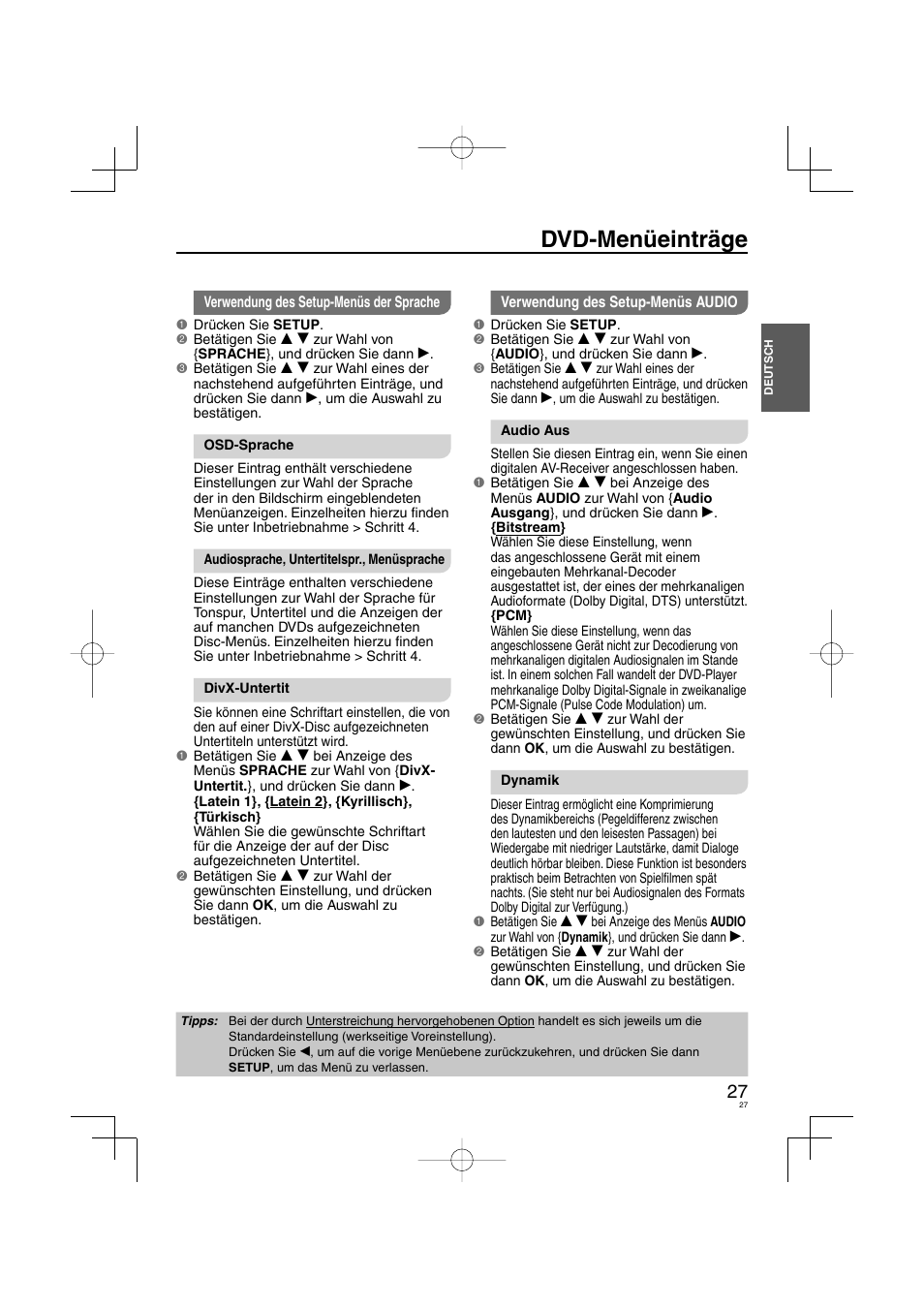 Dvd-menüeinträge | Panasonic DVDS38 User Manual | Page 27 / 216