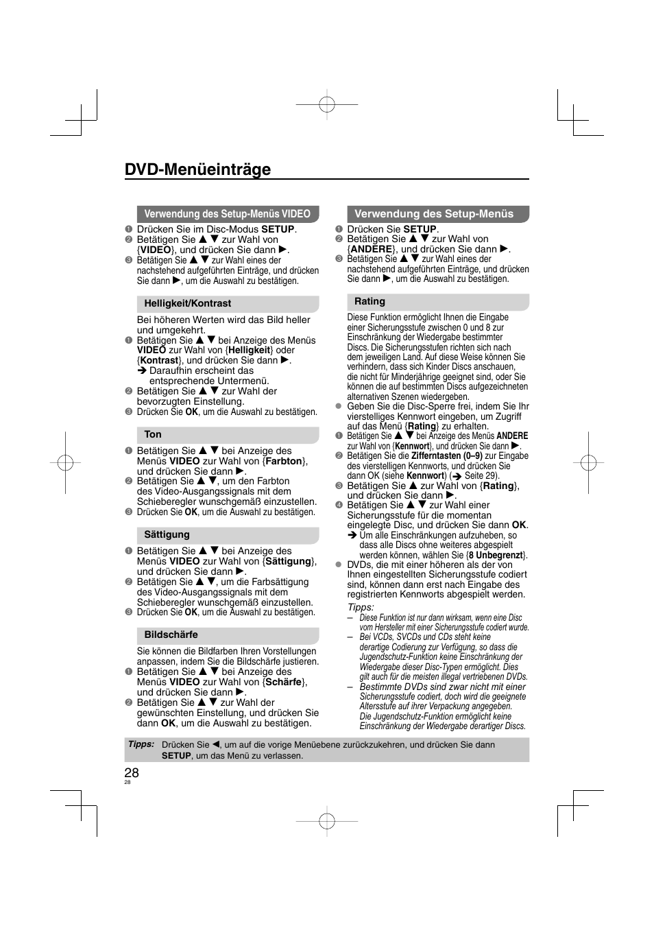 Dvd-menüeinträge | Panasonic DVDS38 User Manual | Page 28 / 216