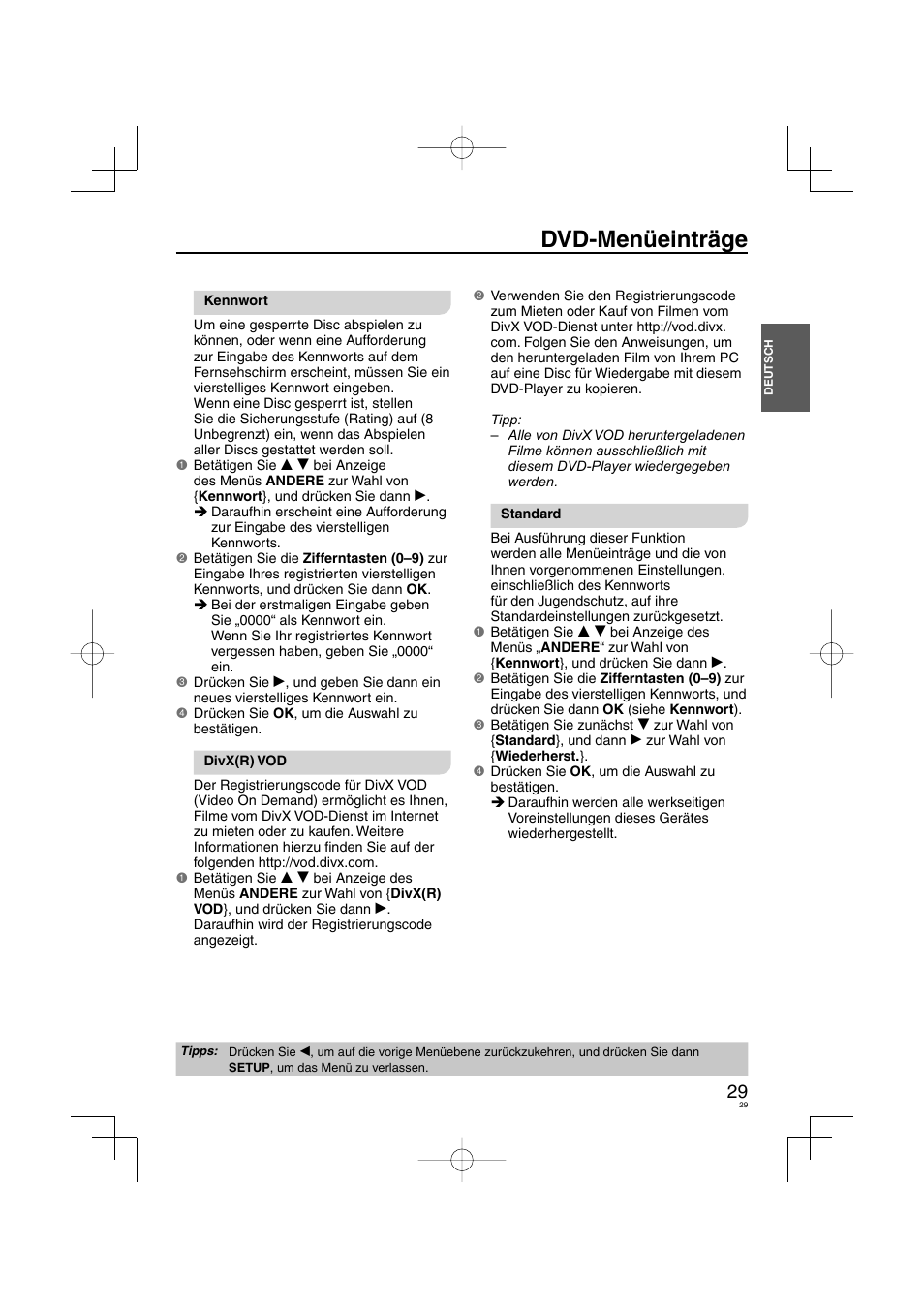 Dvd-menüeinträge | Panasonic DVDS38 User Manual | Page 29 / 216