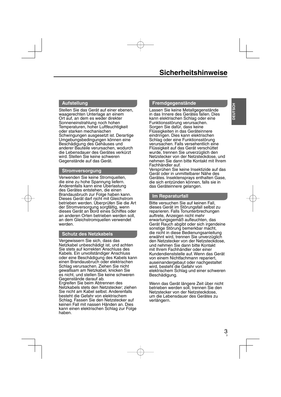 Sicherheitshinweise | Panasonic DVDS38 User Manual | Page 3 / 216