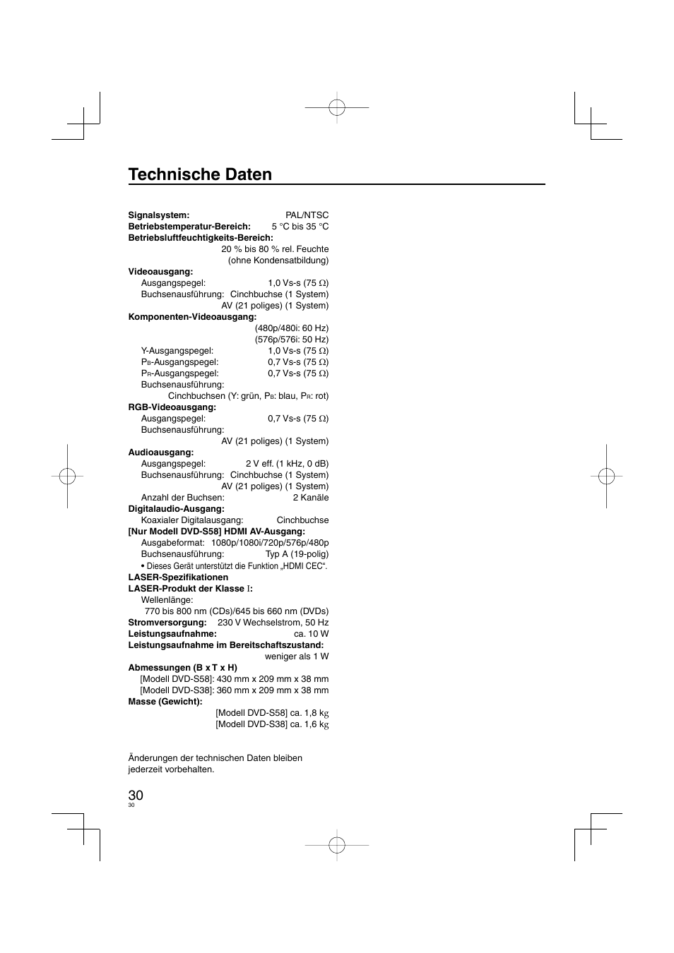 Technische daten | Panasonic DVDS38 User Manual | Page 30 / 216