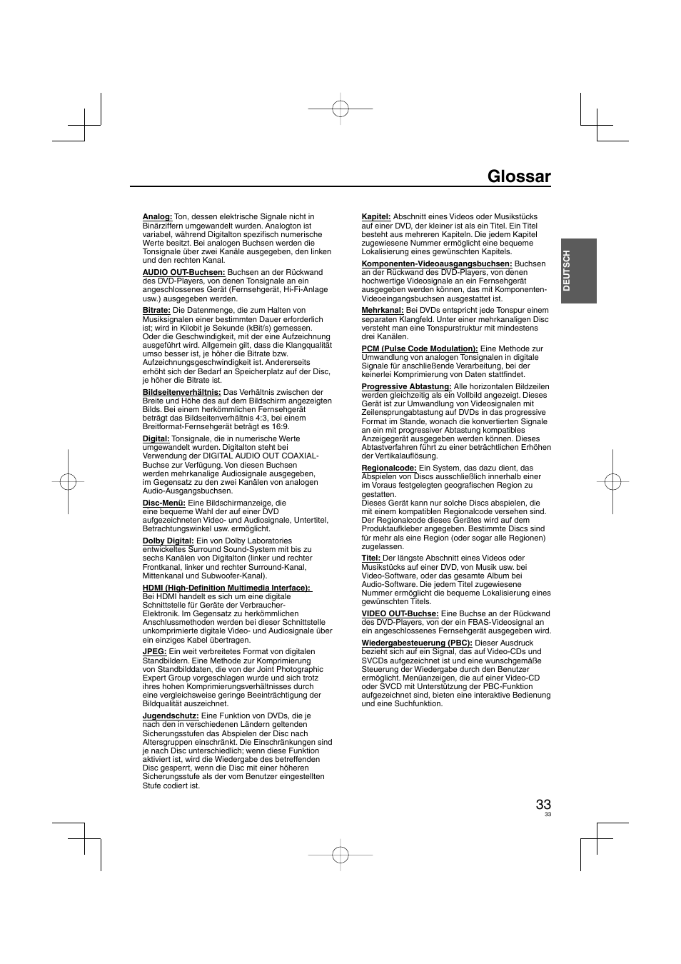Glossar | Panasonic DVDS38 User Manual | Page 33 / 216