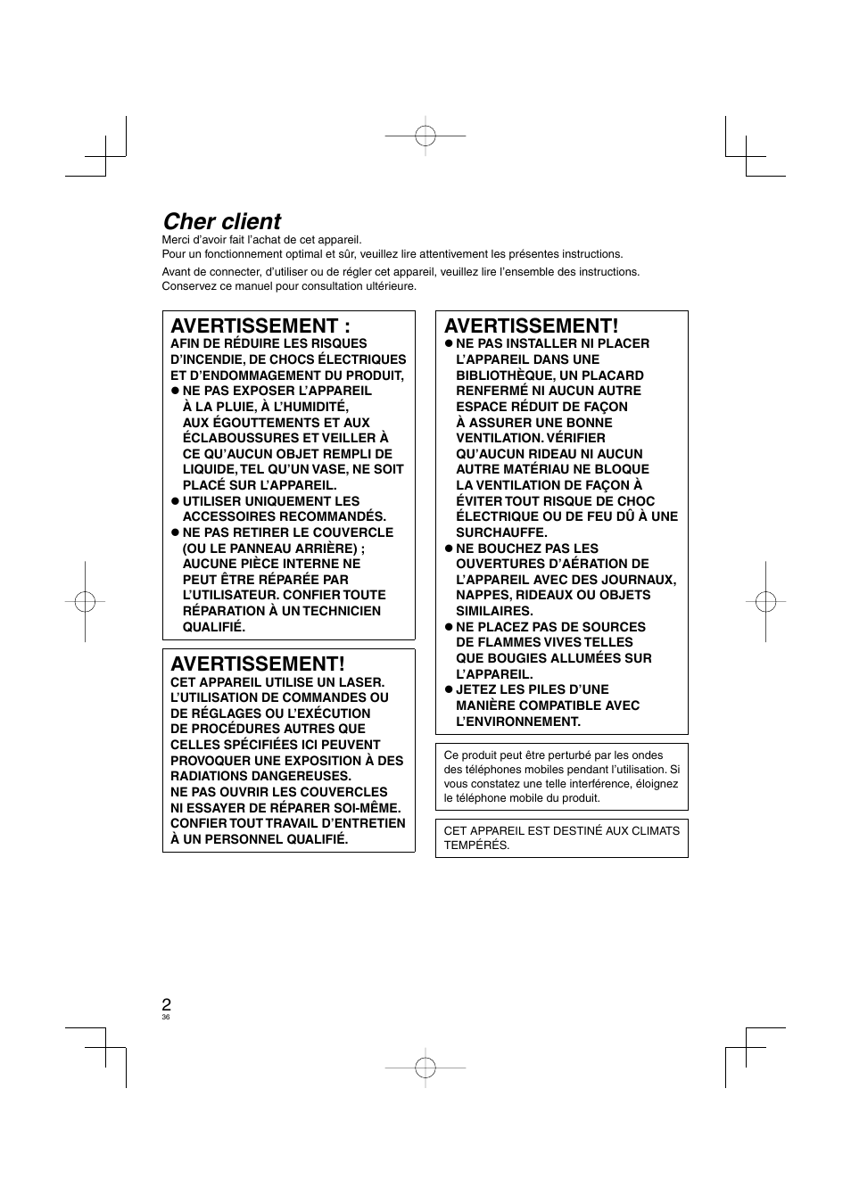 Vqt2r62_dvd-s58_s38_eg-fr_100204.pdf, Cher client, Avertissement | Panasonic DVDS38 User Manual | Page 36 / 216