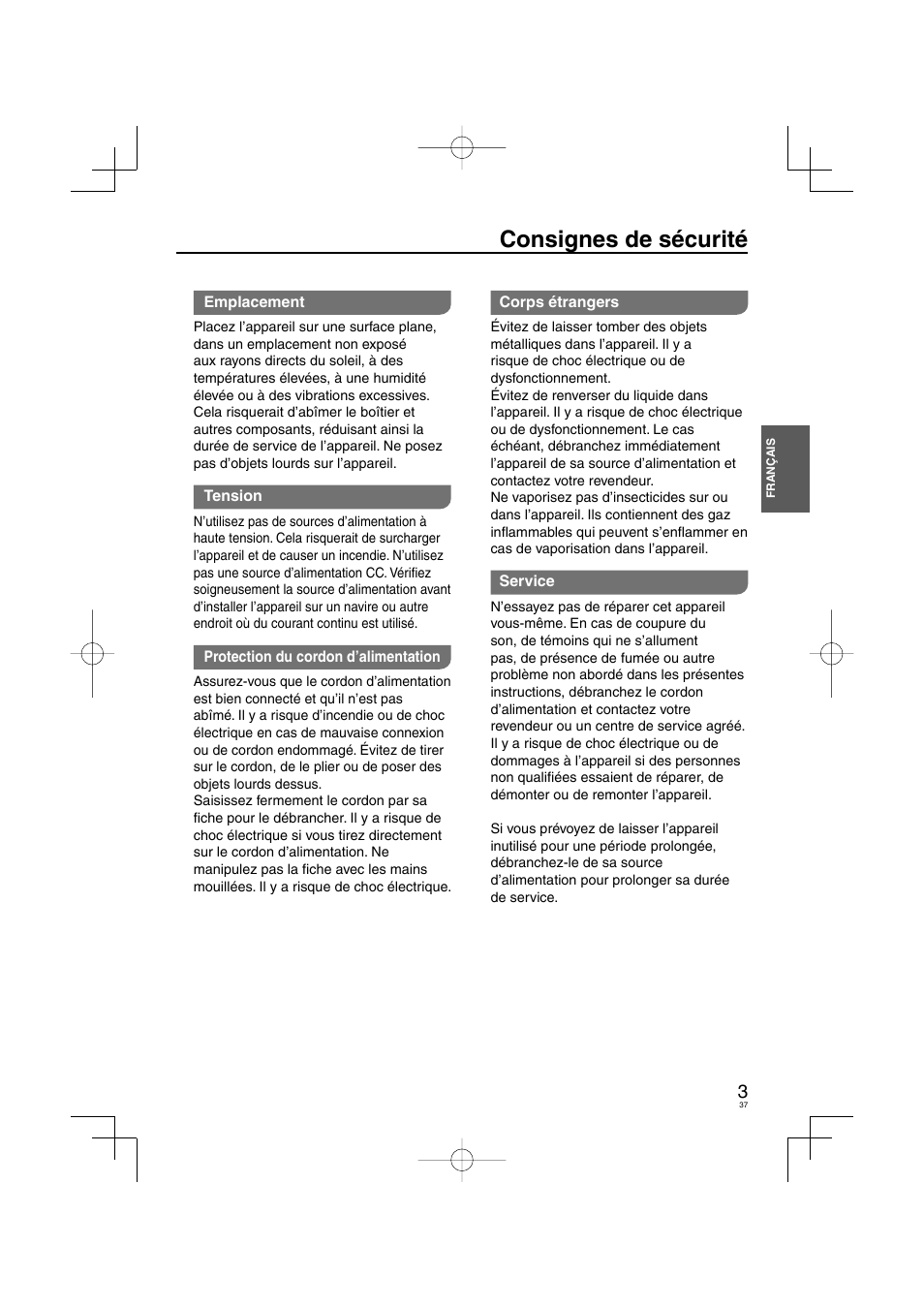 Consignes de sécurité | Panasonic DVDS38 User Manual | Page 37 / 216