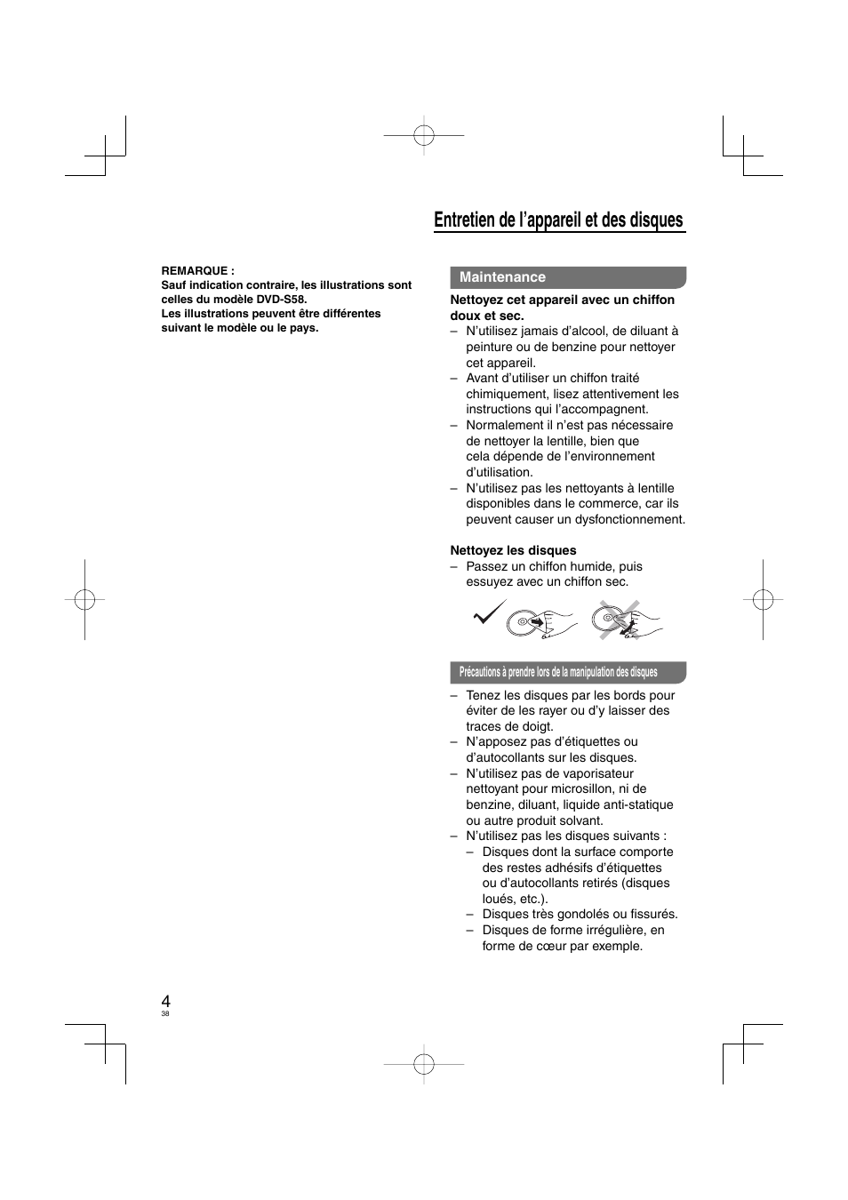 Entretien de l’appareil et des disques | Panasonic DVDS38 User Manual | Page 38 / 216