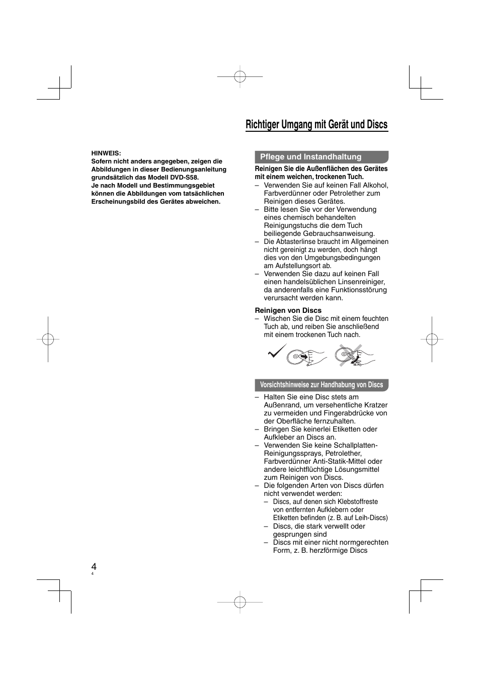 Richtiger umgang mit gerät und discs | Panasonic DVDS38 User Manual | Page 4 / 216
