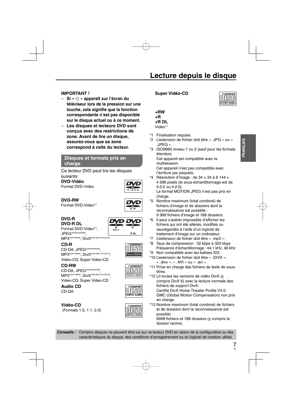 Lecture depuis le disque, Disques et formats pris en charge | Panasonic DVDS38 User Manual | Page 41 / 216