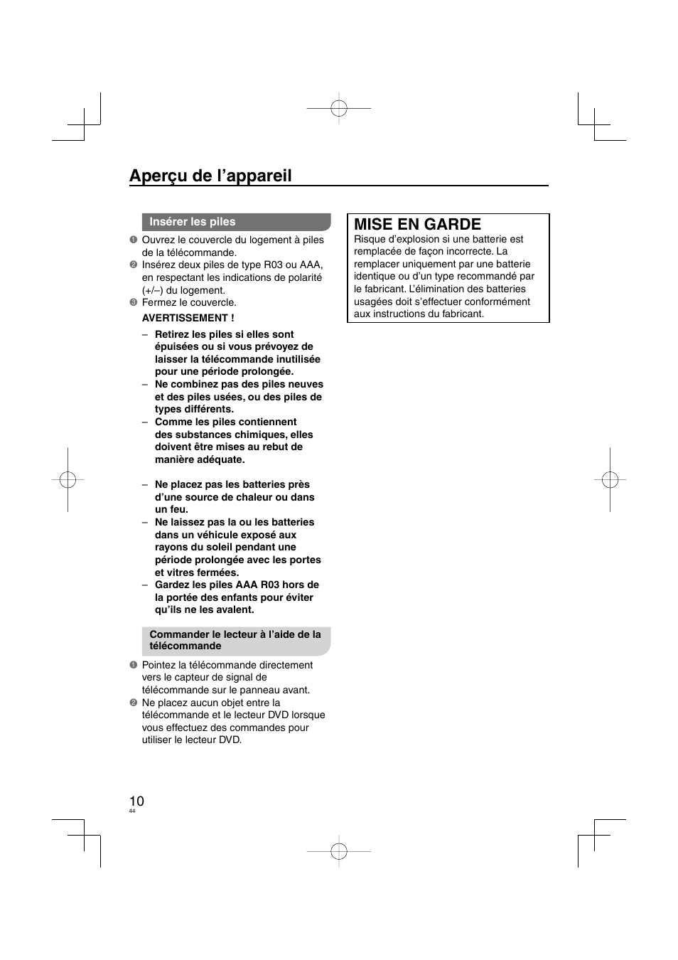 Aperçu de l’appareil, Mise en garde | Panasonic DVDS38 User Manual | Page 44 / 216