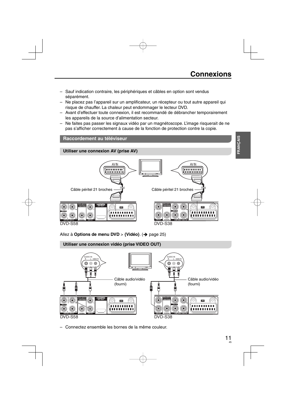 Connexions, Raccordement au téléviseur, Utiliser une connexion av (prise av) | Dvd-s58 dvd-s38, Connectez ensemble les bornes de la même couleur, Français, Av in, Câble péritel 21 broches, Câble audio/vidéo (fourni) | Panasonic DVDS38 User Manual | Page 45 / 216