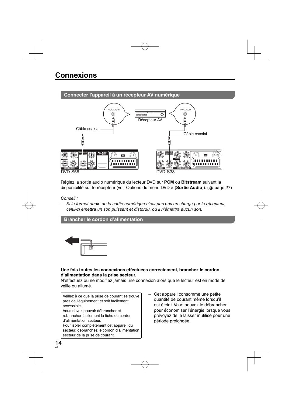 Connexions, Connecter l’appareil à un récepteur av numérique, Brancher le cordon d’alimentation | Dvd-s58 dvd-s38 | Panasonic DVDS38 User Manual | Page 48 / 216
