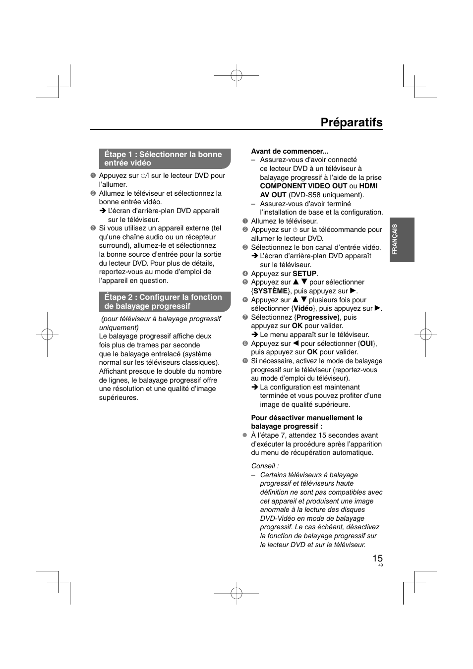 Préparatifs | Panasonic DVDS38 User Manual | Page 49 / 216