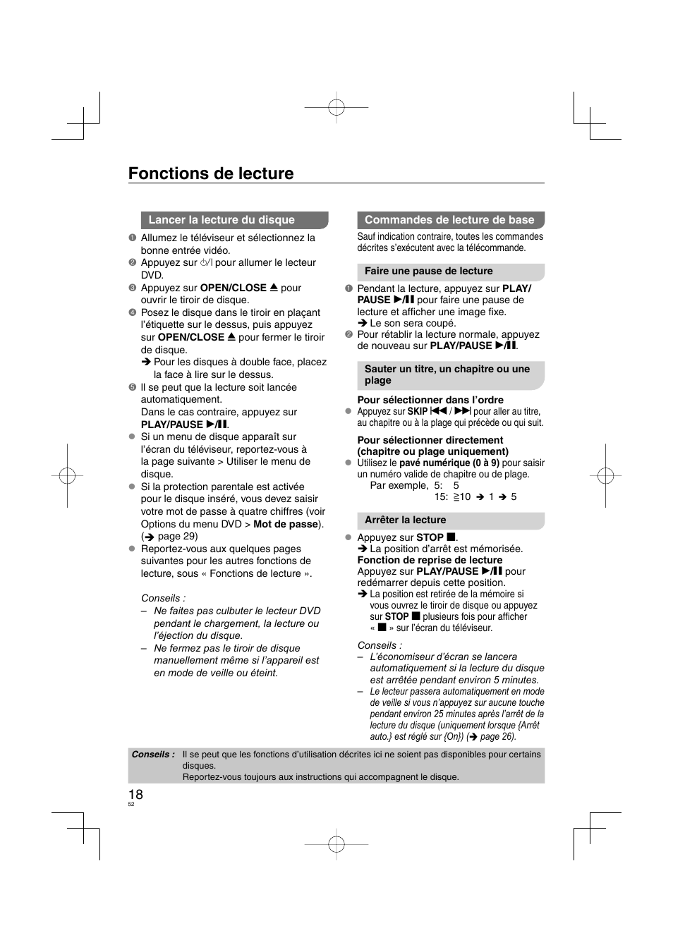 Fonctions de lecture | Panasonic DVDS38 User Manual | Page 52 / 216