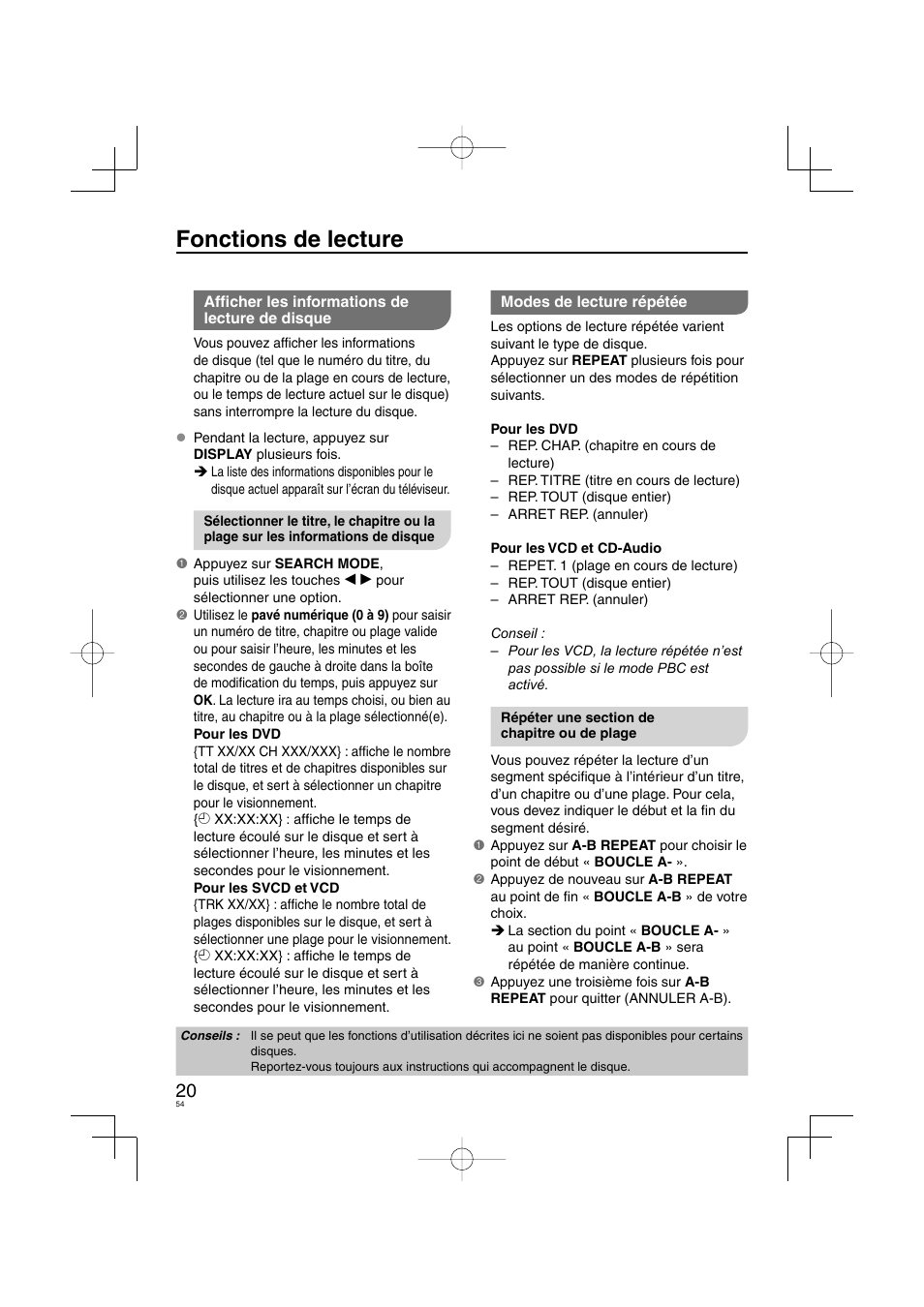 Fonctions de lecture | Panasonic DVDS38 User Manual | Page 54 / 216