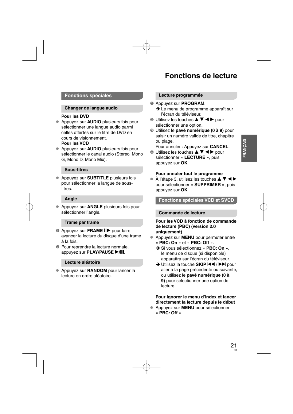 Fonctions de lecture | Panasonic DVDS38 User Manual | Page 55 / 216