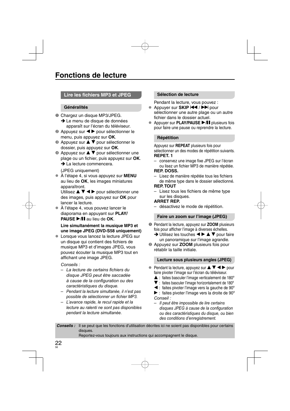 Fonctions de lecture | Panasonic DVDS38 User Manual | Page 56 / 216