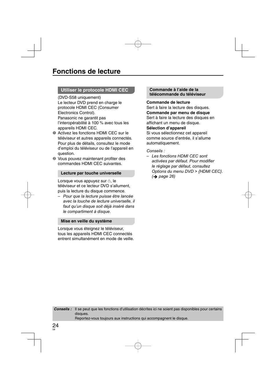 Fonctions de lecture | Panasonic DVDS38 User Manual | Page 58 / 216