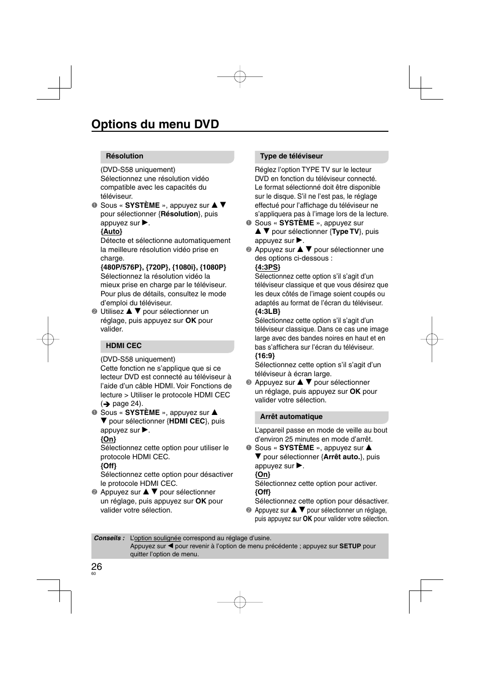 Options du menu dvd | Panasonic DVDS38 User Manual | Page 60 / 216