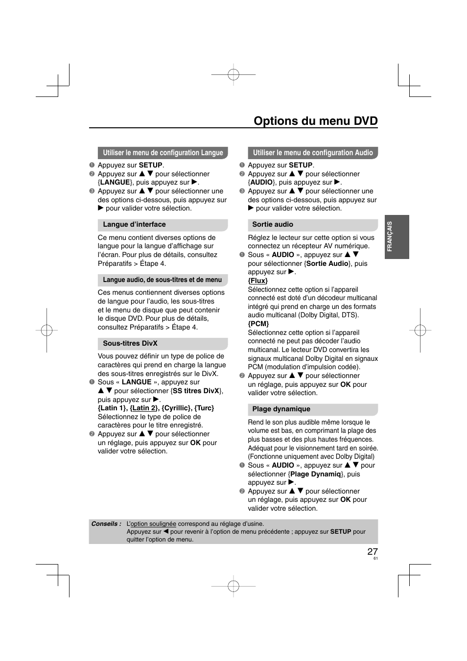 Options du menu dvd | Panasonic DVDS38 User Manual | Page 61 / 216