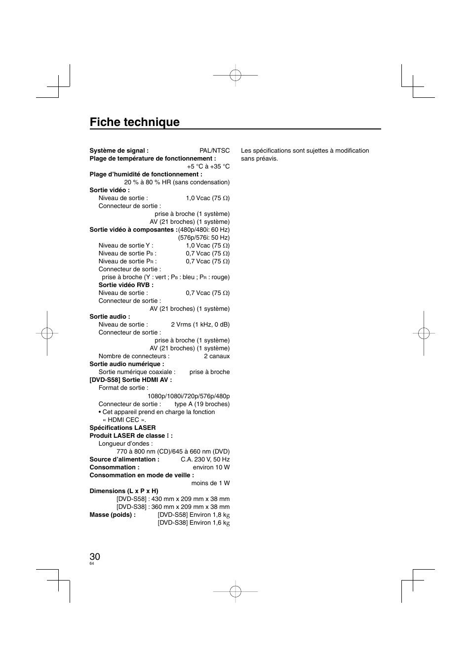 Fiche technique | Panasonic DVDS38 User Manual | Page 64 / 216