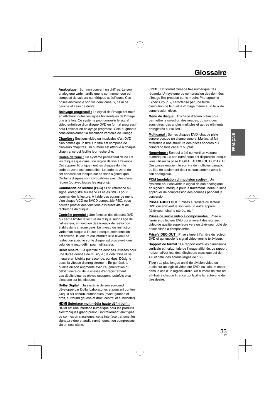 Glossaire | Panasonic DVDS38 User Manual | Page 67 / 216