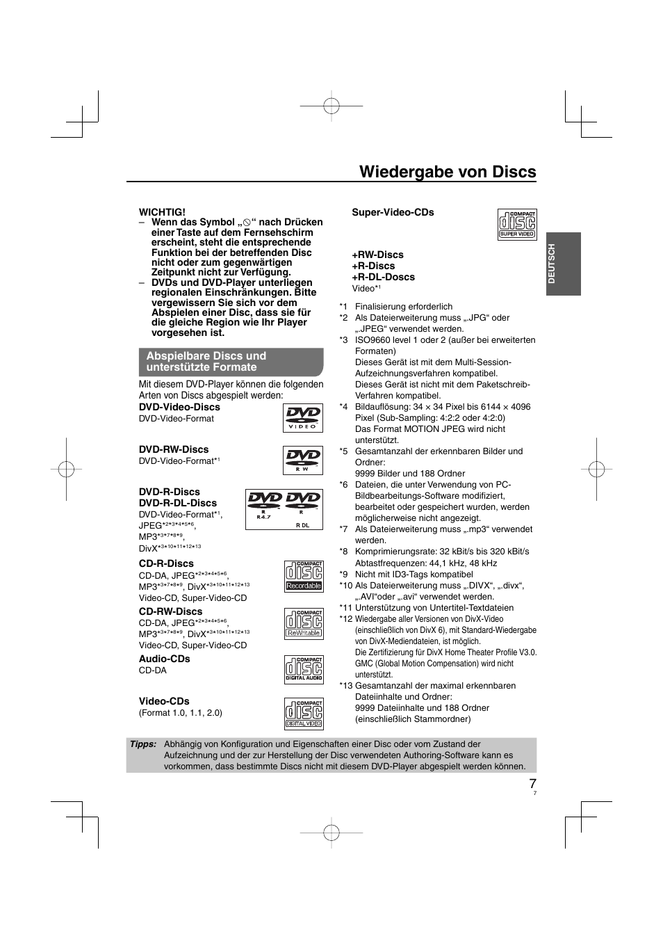 Wiedergabe von discs, Abspielbare discs und unterstützte formate | Panasonic DVDS38 User Manual | Page 7 / 216