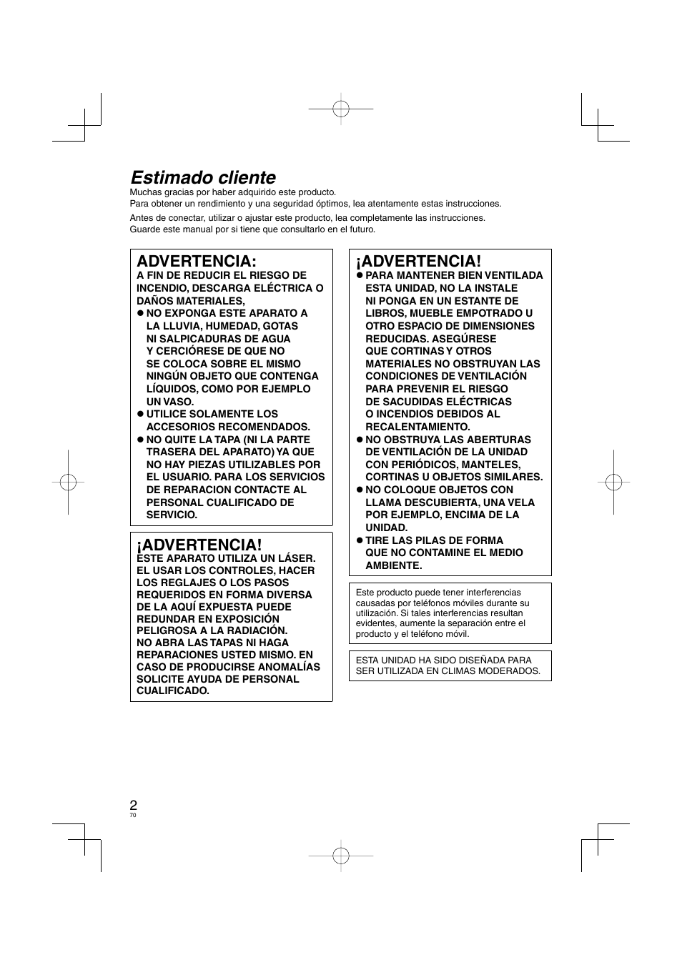 Vqt2r62_dvd-s58_s38_eg-sp_100204.pdf, Estimado cliente, Advertencia | Panasonic DVDS38 User Manual | Page 70 / 216