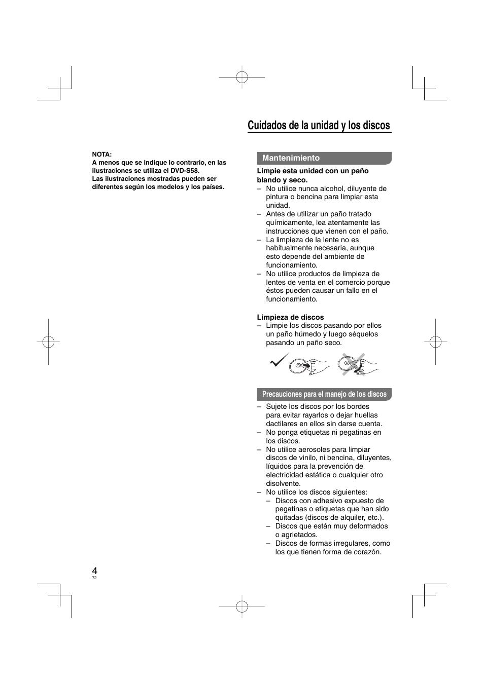 Cuidados de la unidad y los discos | Panasonic DVDS38 User Manual | Page 72 / 216