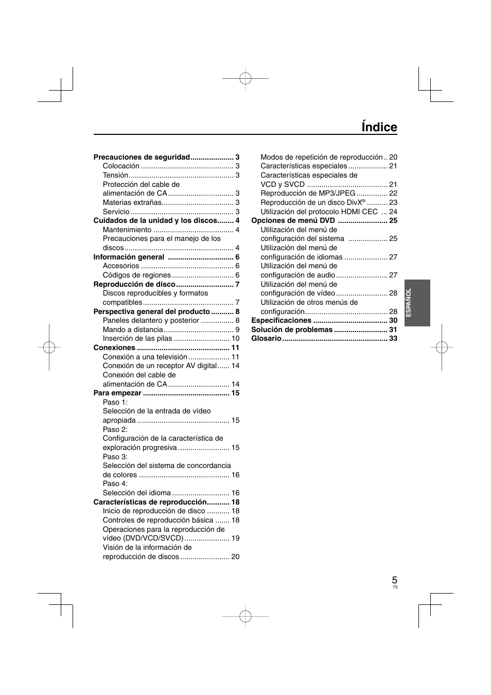 Índice | Panasonic DVDS38 User Manual | Page 73 / 216