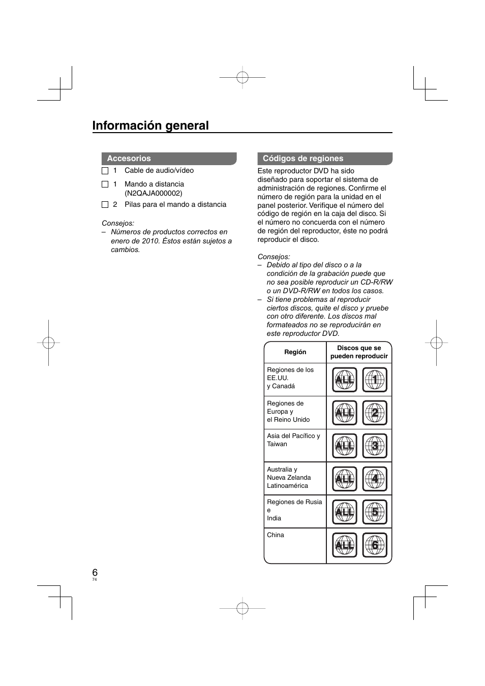 Información general | Panasonic DVDS38 User Manual | Page 74 / 216