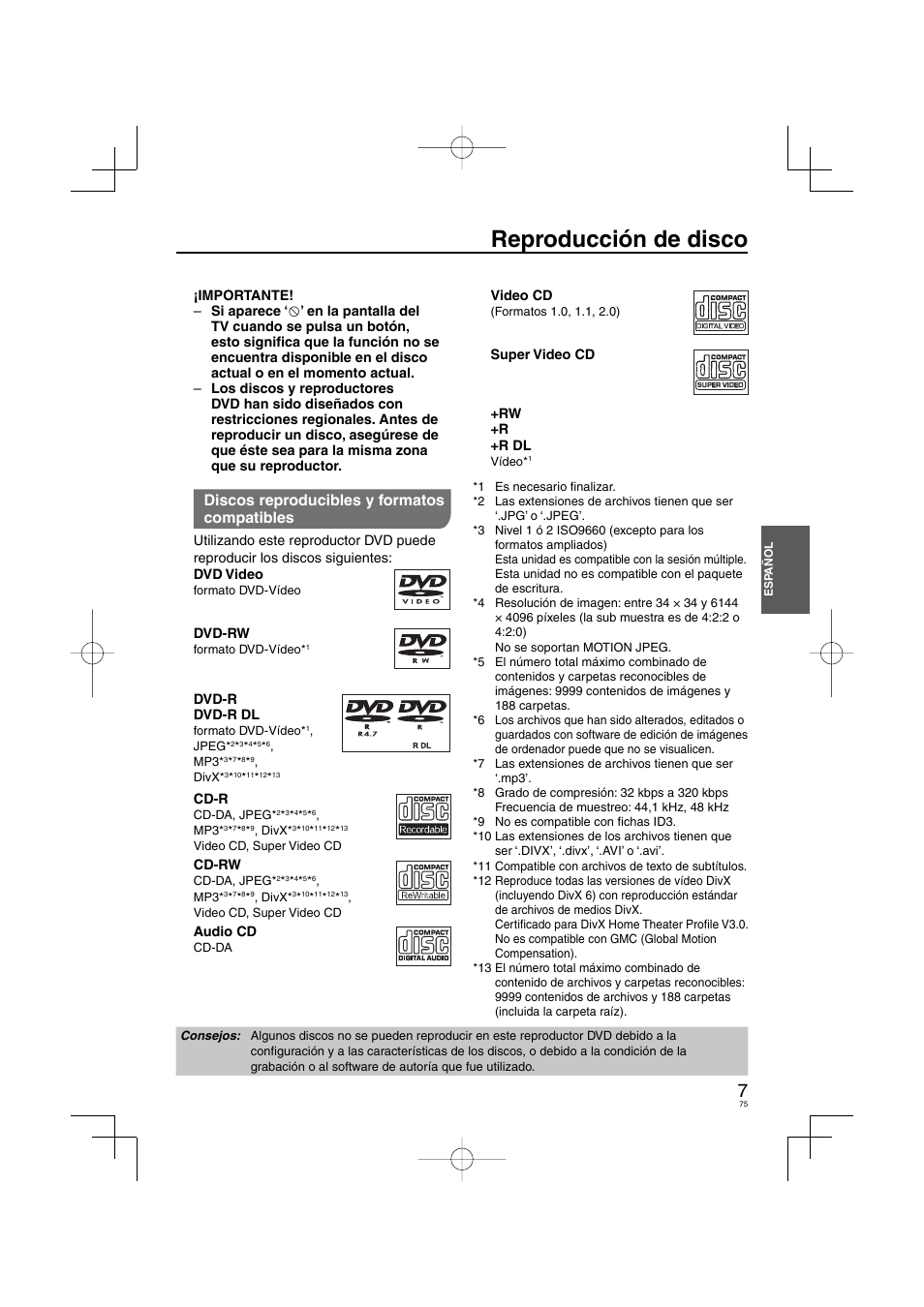 Reproducción de disco, Discos reproducibles y formatos compatibles | Panasonic DVDS38 User Manual | Page 75 / 216