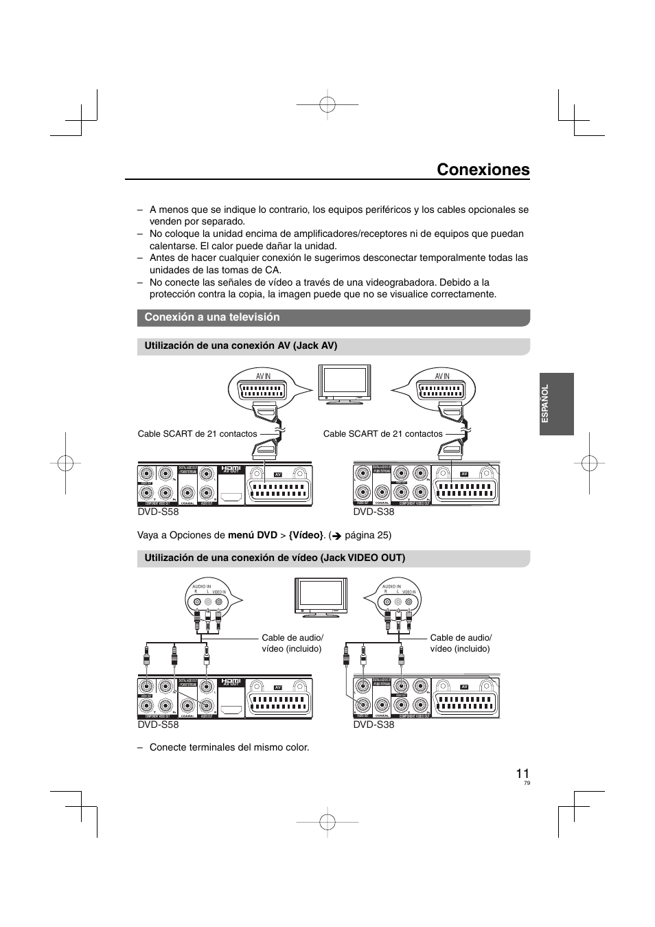 Conexiones, Conexión a una televisión, Utilización de una conexión av (jack av) | Dvd-s58 dvd-s38, Conecte terminales del mismo color | Panasonic DVDS38 User Manual | Page 79 / 216