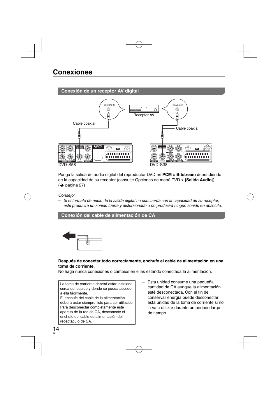 Conexiones, Conexión de un receptor av digital, Conexión del cable de alimentación de ca | Dvd-s58 dvd-s38 | Panasonic DVDS38 User Manual | Page 82 / 216