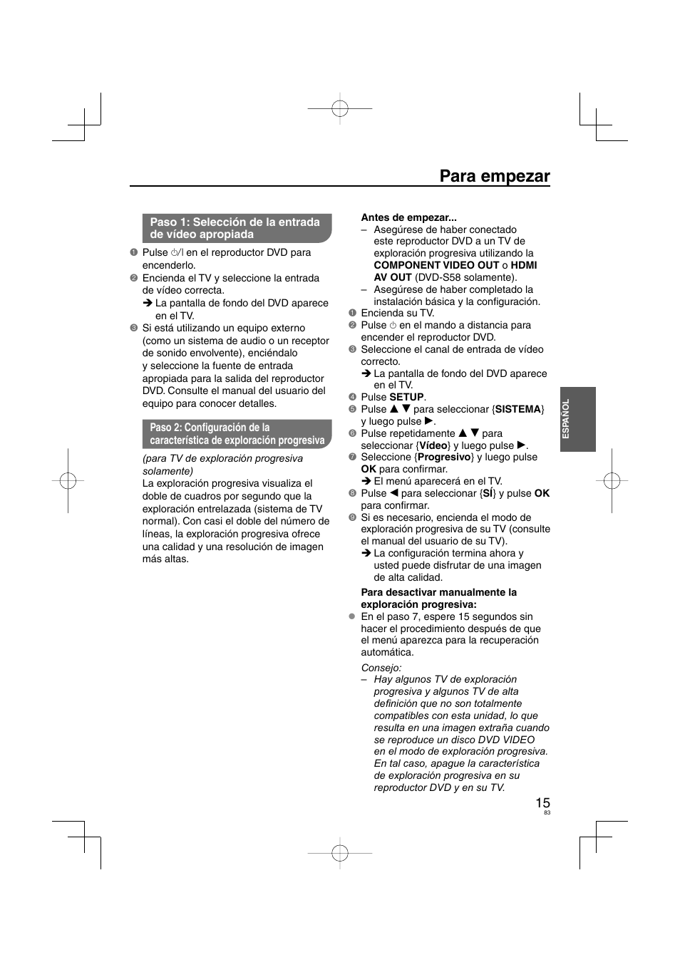 Para empezar | Panasonic DVDS38 User Manual | Page 83 / 216