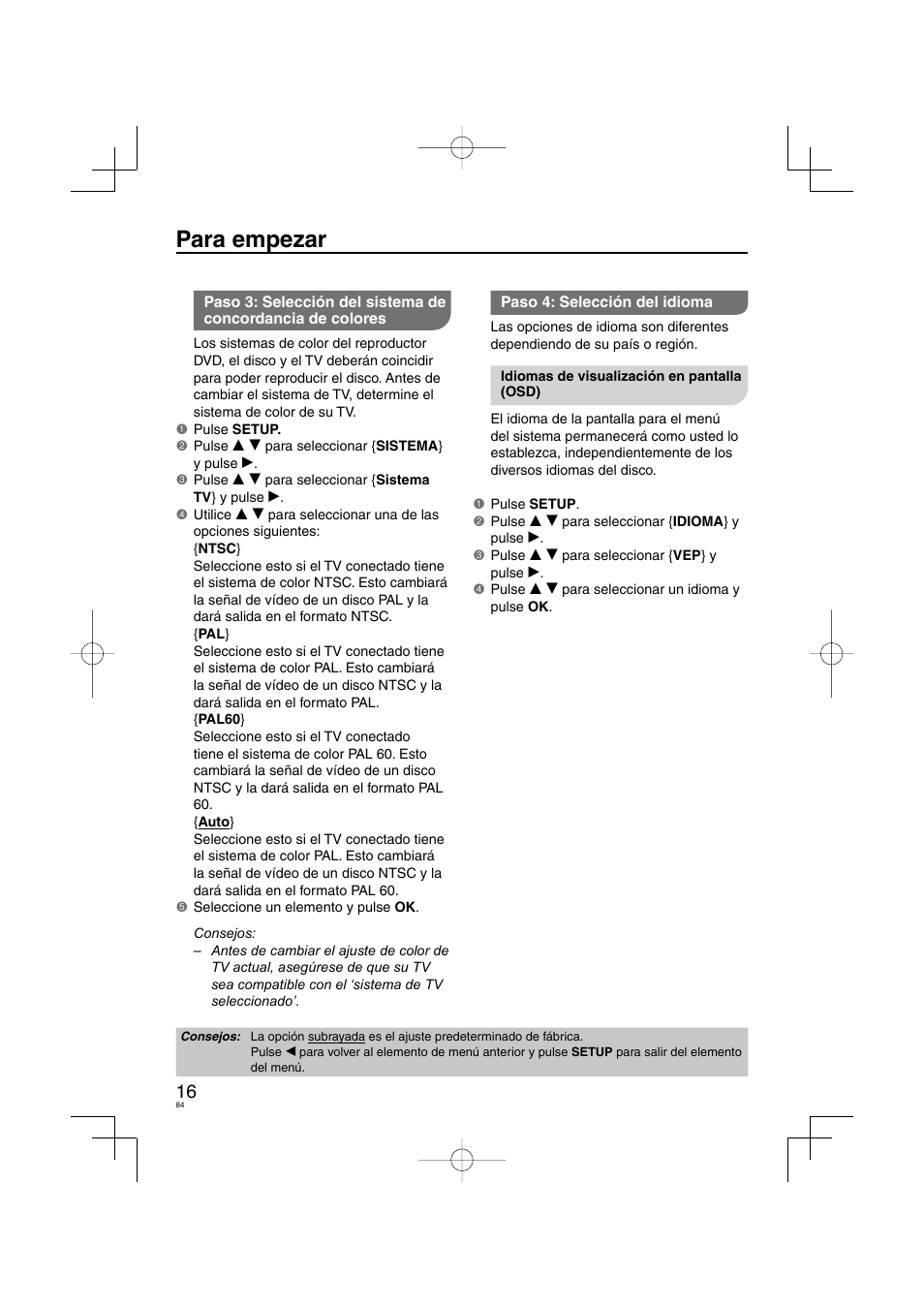 Para empezar | Panasonic DVDS38 User Manual | Page 84 / 216