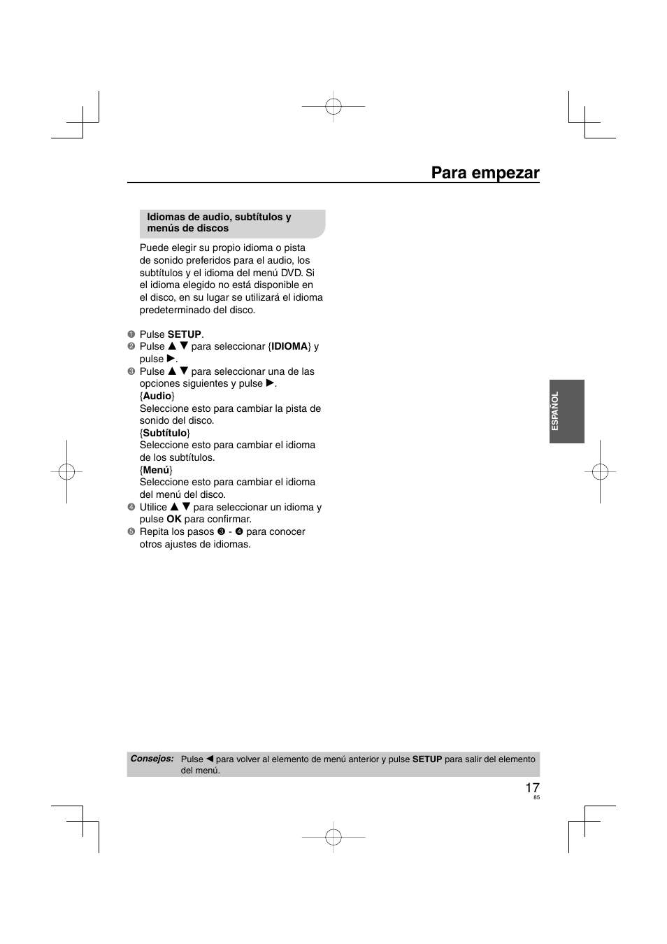 Para empezar | Panasonic DVDS38 User Manual | Page 85 / 216