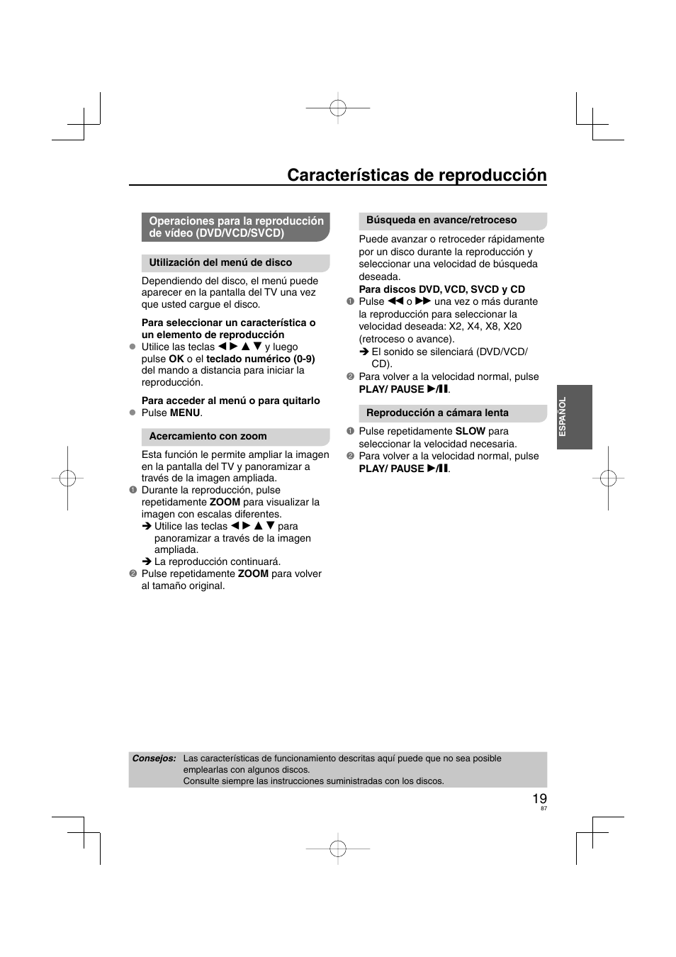 Características de reproducción | Panasonic DVDS38 User Manual | Page 87 / 216