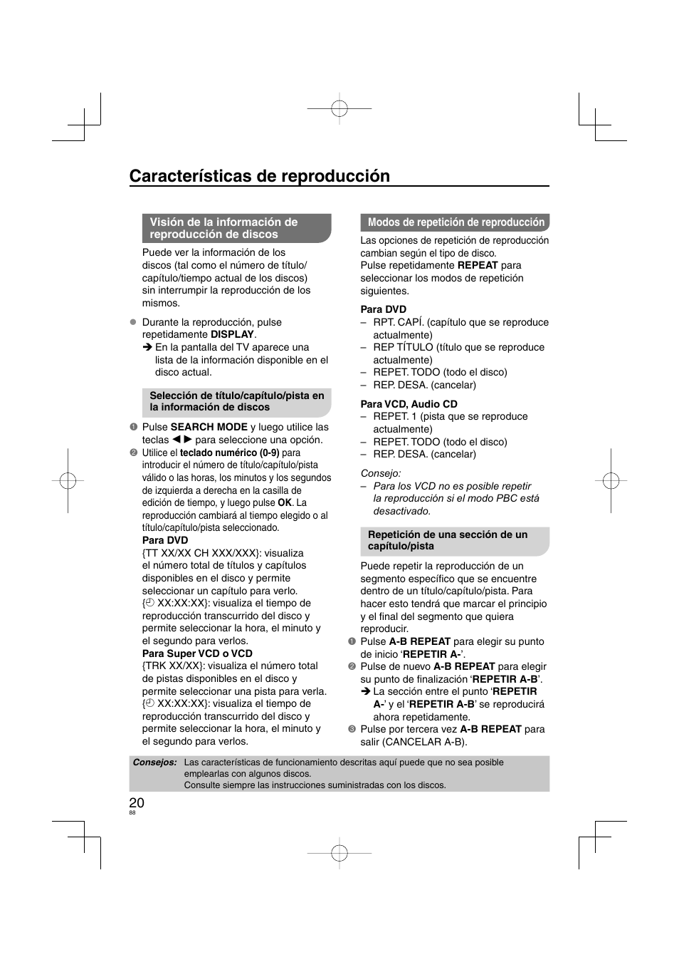 Características de reproducción | Panasonic DVDS38 User Manual | Page 88 / 216