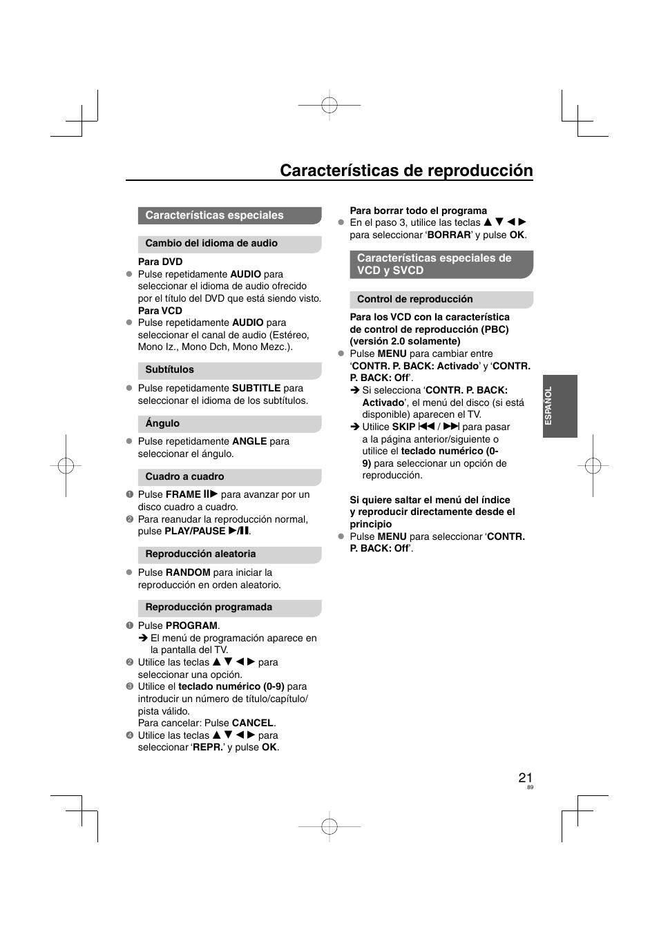 Características de reproducción | Panasonic DVDS38 User Manual | Page 89 / 216