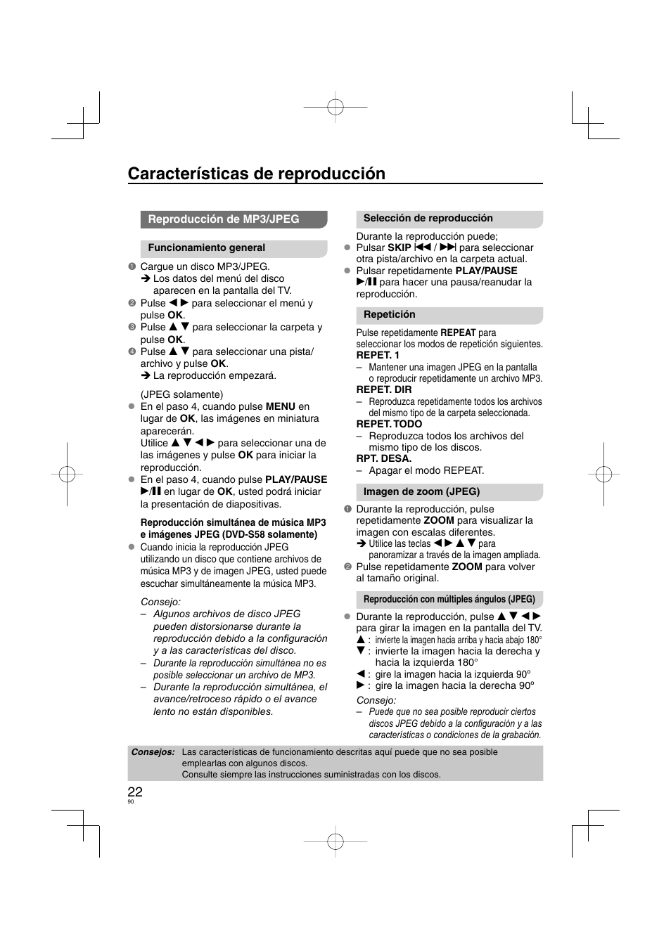 Características de reproducción | Panasonic DVDS38 User Manual | Page 90 / 216