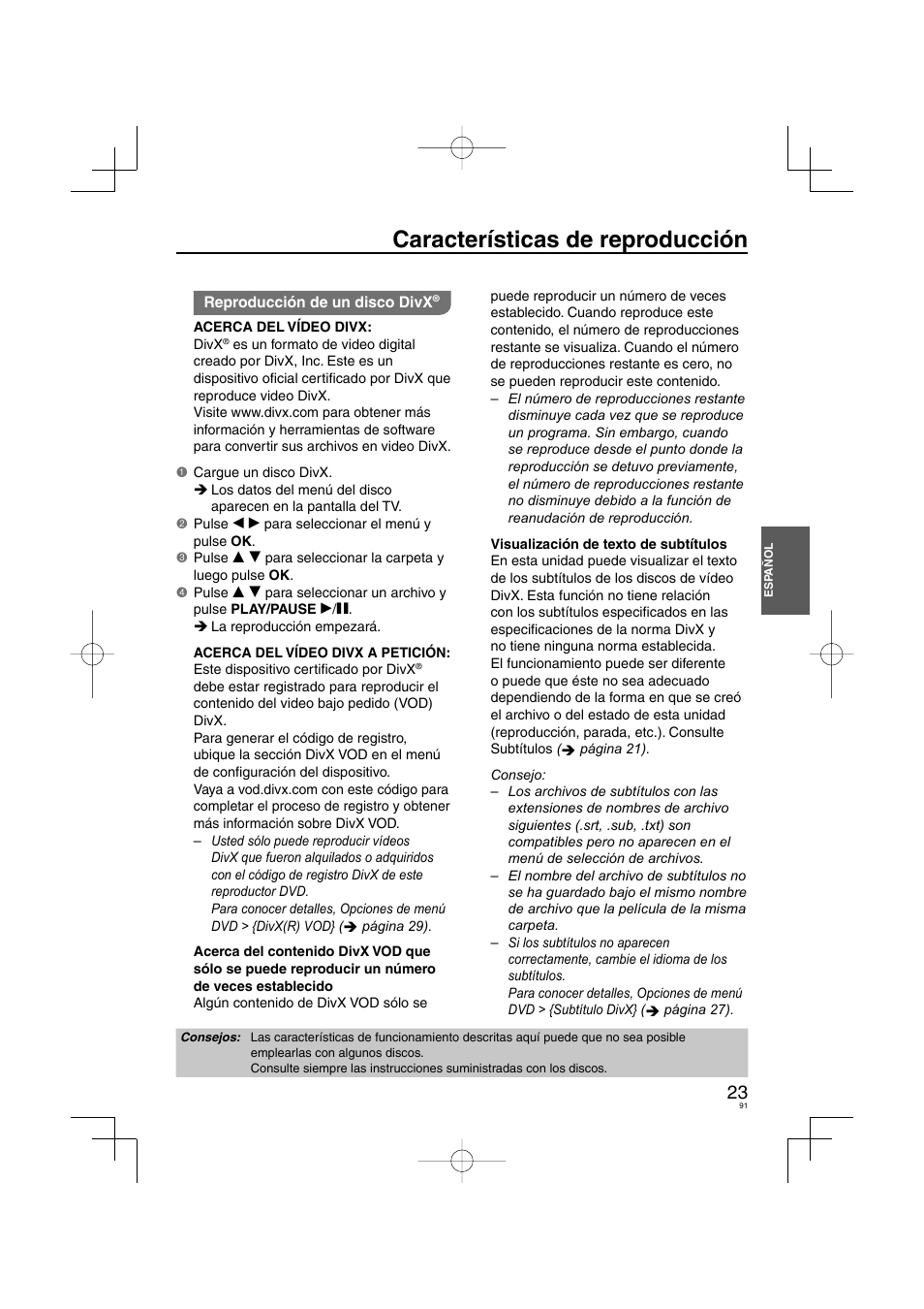 Características de reproducción | Panasonic DVDS38 User Manual | Page 91 / 216