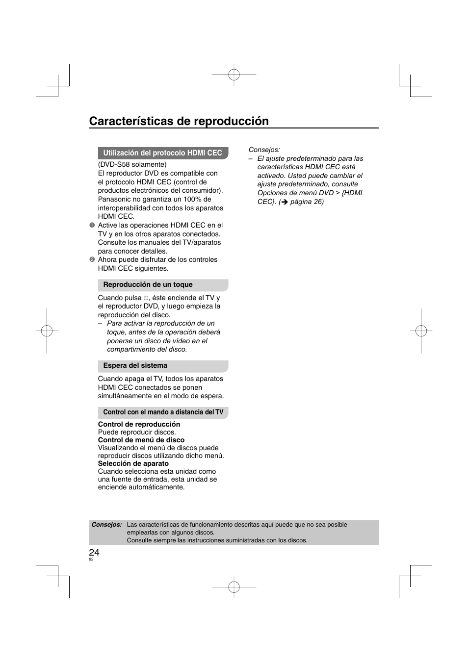 Características de reproducción | Panasonic DVDS38 User Manual | Page 92 / 216
