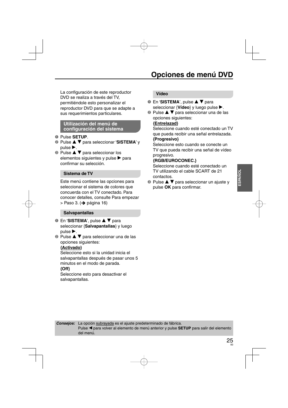 Opciones de menú dvd | Panasonic DVDS38 User Manual | Page 93 / 216