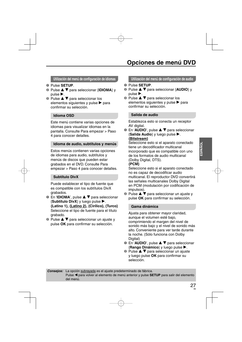 Opciones de menú dvd | Panasonic DVDS38 User Manual | Page 95 / 216