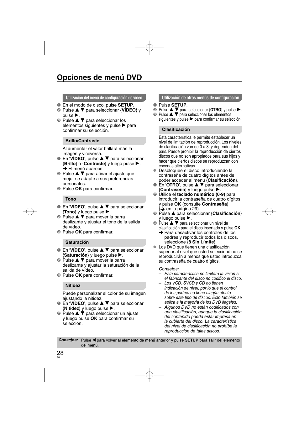 Opciones de menú dvd | Panasonic DVDS38 User Manual | Page 96 / 216