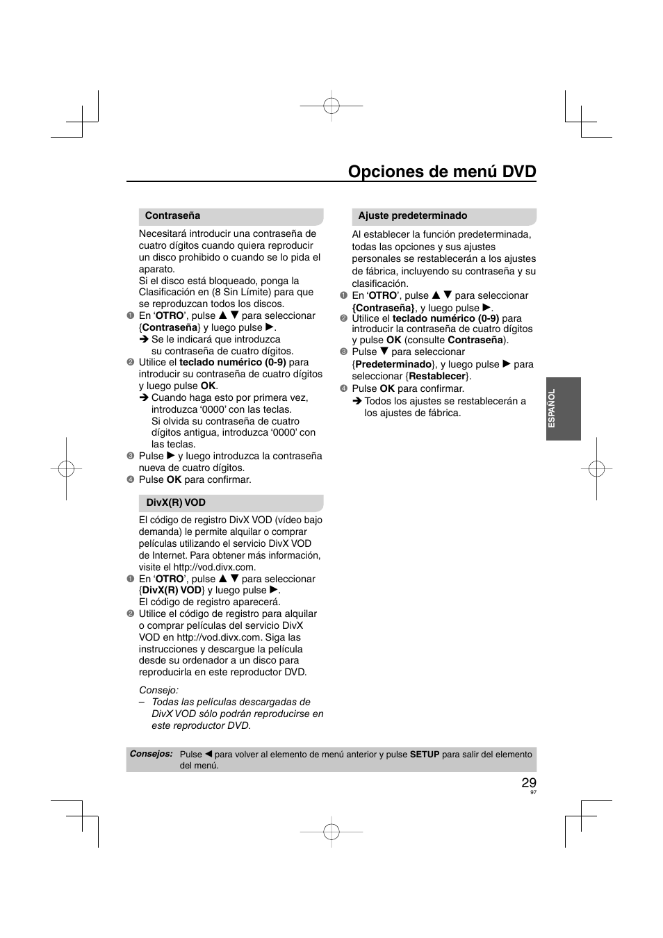 Opciones de menú dvd | Panasonic DVDS38 User Manual | Page 97 / 216