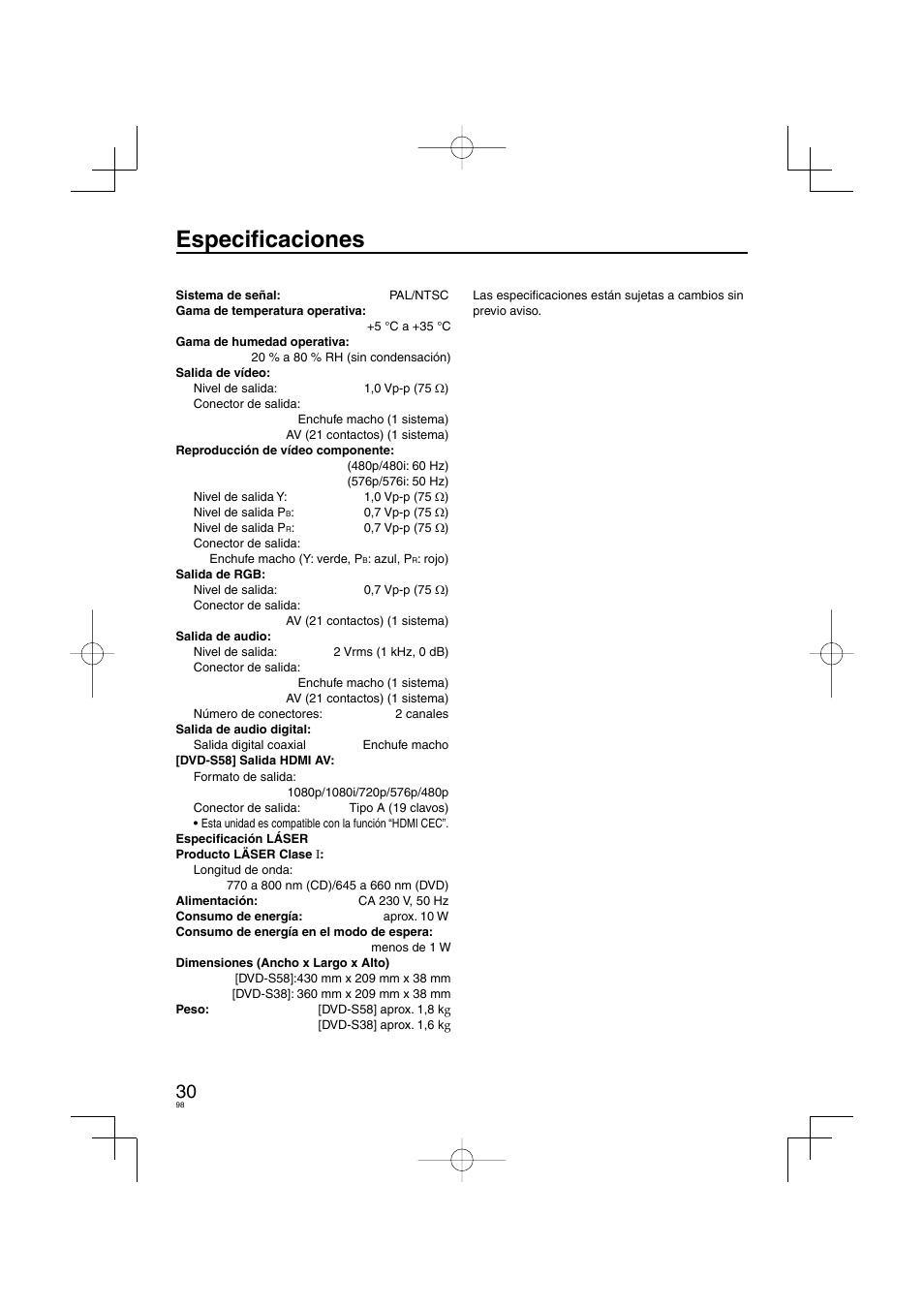Especifi caciones | Panasonic DVDS38 User Manual | Page 98 / 216