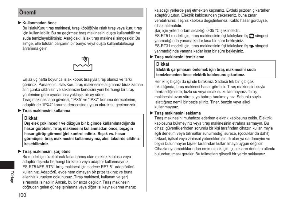Önemli | Panasonic ESRT51 User Manual | Page 100 / 108