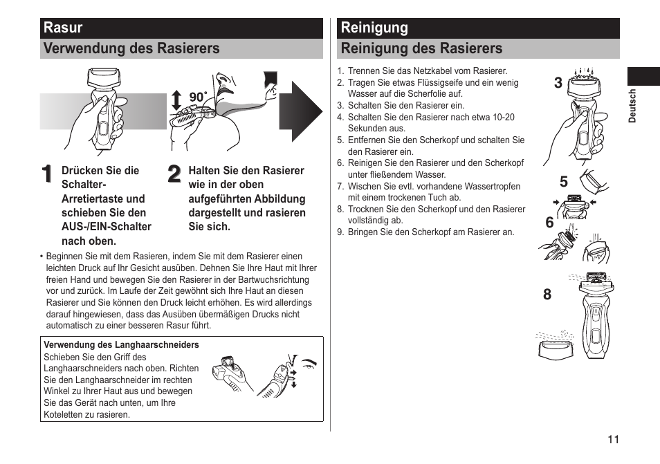 Rasur verwendung des rasierers, Reinigung reinigung des rasierers | Panasonic ESRT51 User Manual | Page 11 / 108