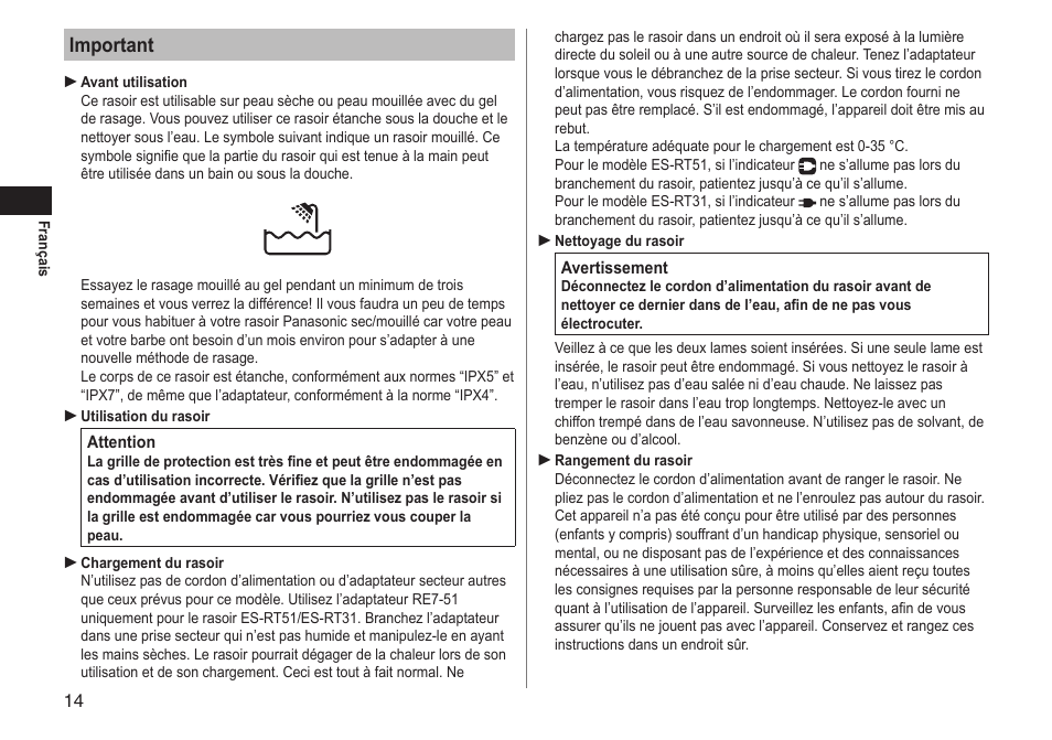 Important | Panasonic ESRT51 User Manual | Page 14 / 108