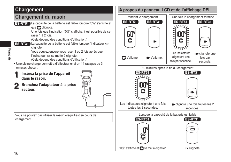 Chargement chargement du rasoir | Panasonic ESRT51 User Manual | Page 16 / 108